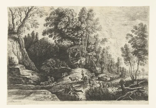 Paarden en koeien bij een drinkplaats by Lucas van Uden, print, 1615-1673