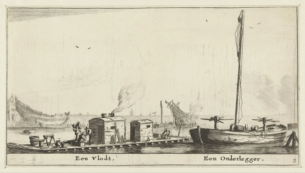 Twee schepen: een vlot en een onderlegger by Reinier Nooms, print, 1652-1654
