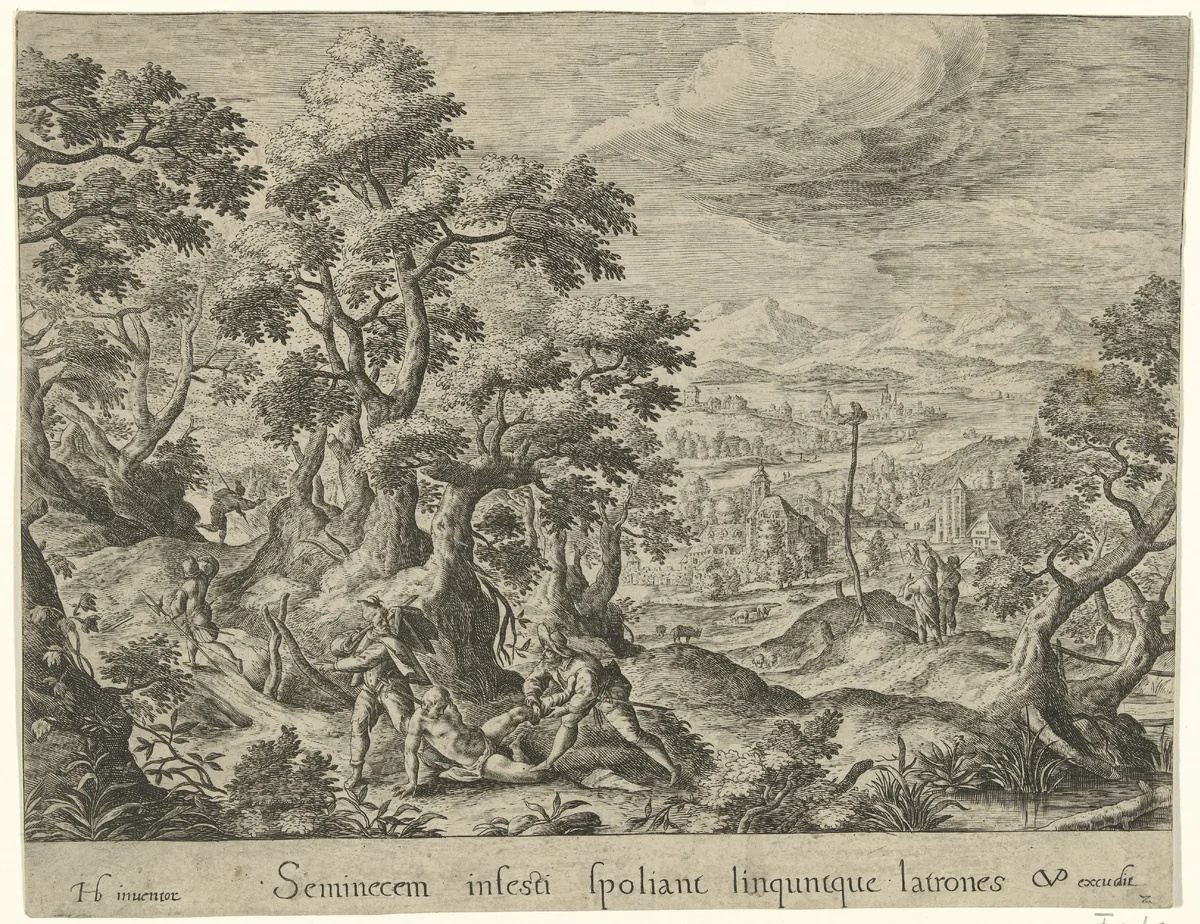 Rovers laten de reiziger halfdood achter by Crispijn van de Passe, print, 1588-1589