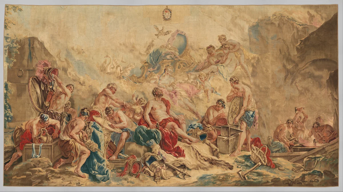 Vulcan Presenting Arms for Aeneas to Venus from the set The Loves of the Gods by François Boucher, textile, 1771