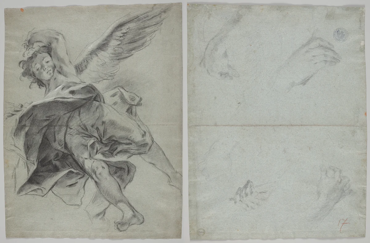 A Flying Angel (recto); Studies of Hands Playing Instruments (verso) by Giovanni Battista Piazzetta, drawing, 1723-1727