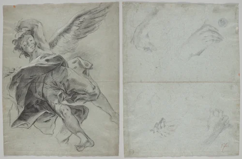 A Flying Angel (recto); Studies of Hands Playing Instruments (verso) by Giovanni Battista Piazzetta, drawing, 1723-1727