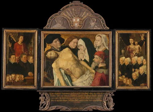 Memorial Triptych, formerly called the Gertz Memorial Triptych, with the Lamentation (central panel), nine male Donor Portraits with Saint John the Evangelist (left wing, inner), nine female Donor Portraits with the Virgin and Child (right wing, inner), Saint Peter (left wing, outer) and Saint Mary Magdalene (right wing, outer) by Unknown, painting, 1527