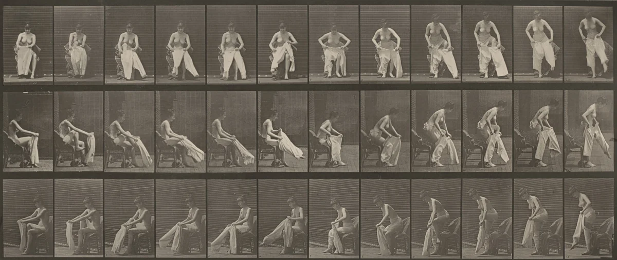 Plate Number 420. Toilet, rising from chair and putting on clothing by Eadweard Muybridge, photograph, 1887