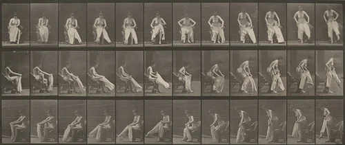 Plate Number 420. Toilet, rising from chair and putting on clothing by Eadweard Muybridge, photograph, 1887