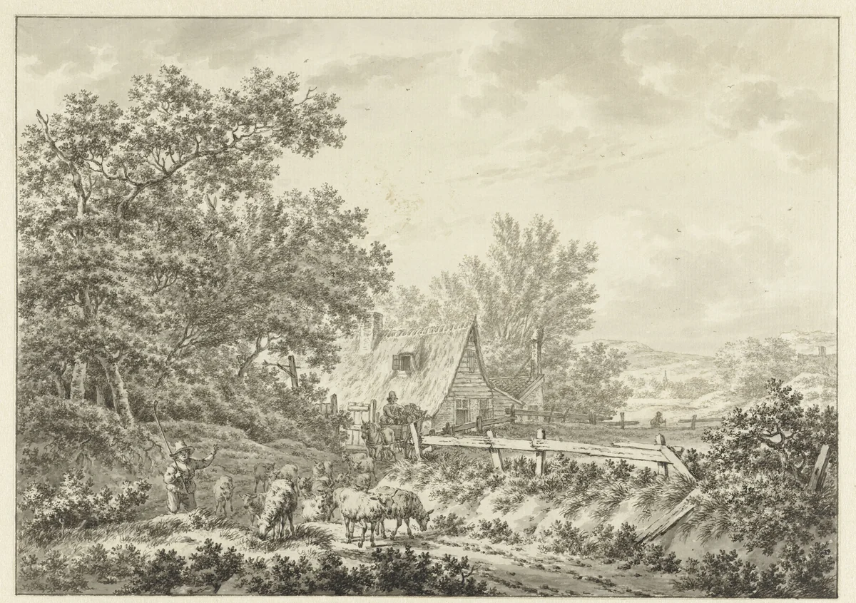 Zomerlandschap met schapenherder bij boerderij by Jacob Cats, drawing, 1751-1799