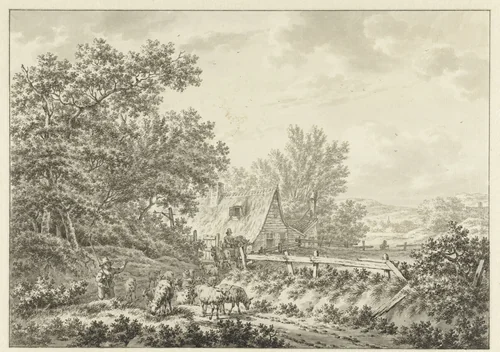 Zomerlandschap met schapenherder bij boerderij by Jacob Cats, drawing, 1751-1799
