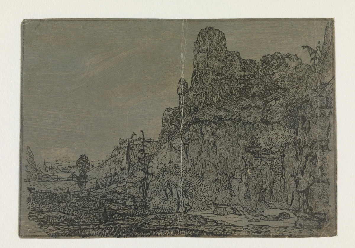 Landscape with a Steep Cliff, Small Version by Hercules Segers, print, 1622-1625