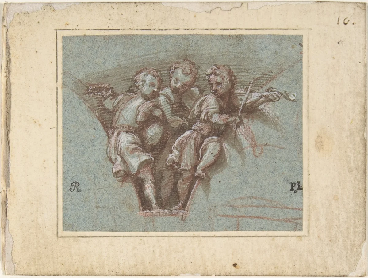 Design for a Pendentive: Youthful Musicians with Stringed Instruments by Pomponio Amalteo, drawing, 1505-1588