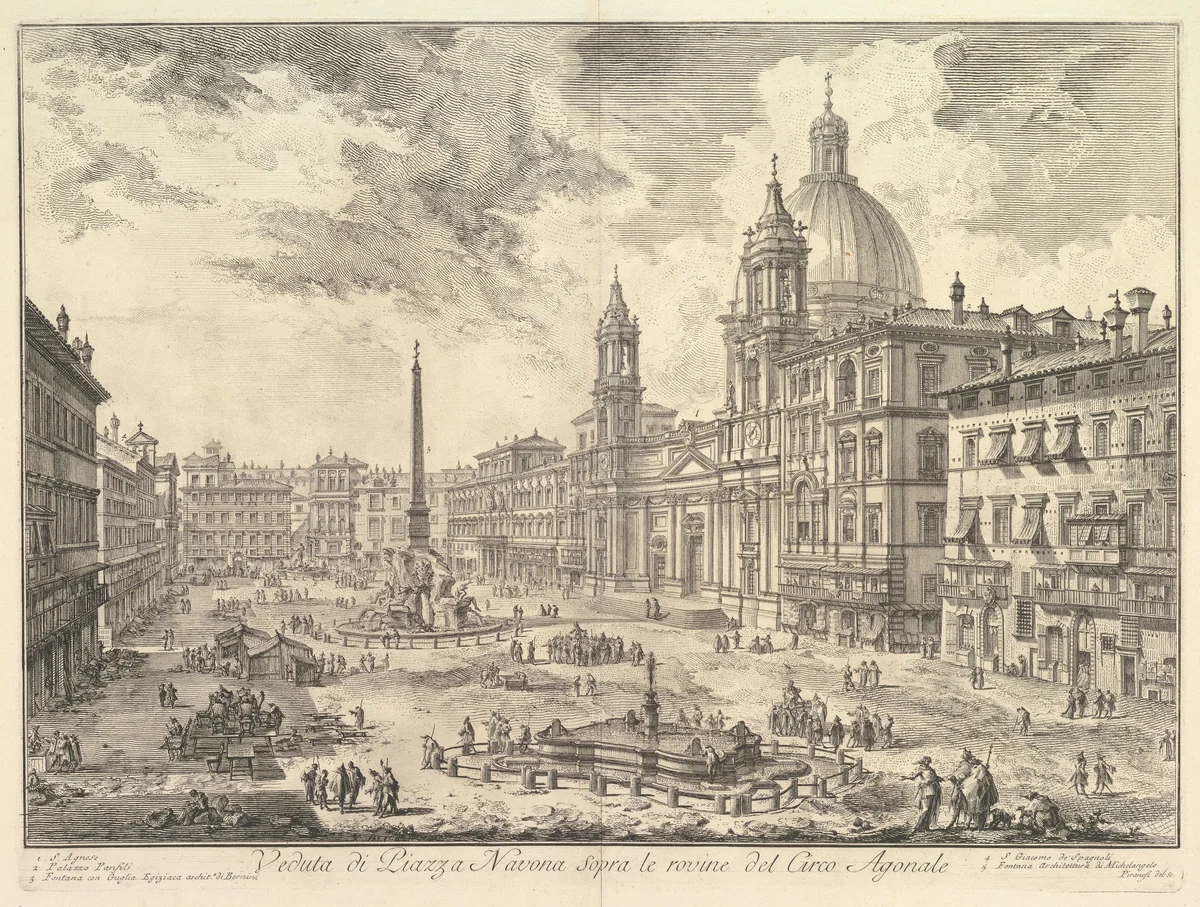 The Piazza Navona, Rome, above the ruins of the Circus of Domitian, the Church of Sant Agnese to the right, Bernini's fountain in the center, from "Vedute di Roma" by Giovanni Battista Piranesi, print, 1760-1778