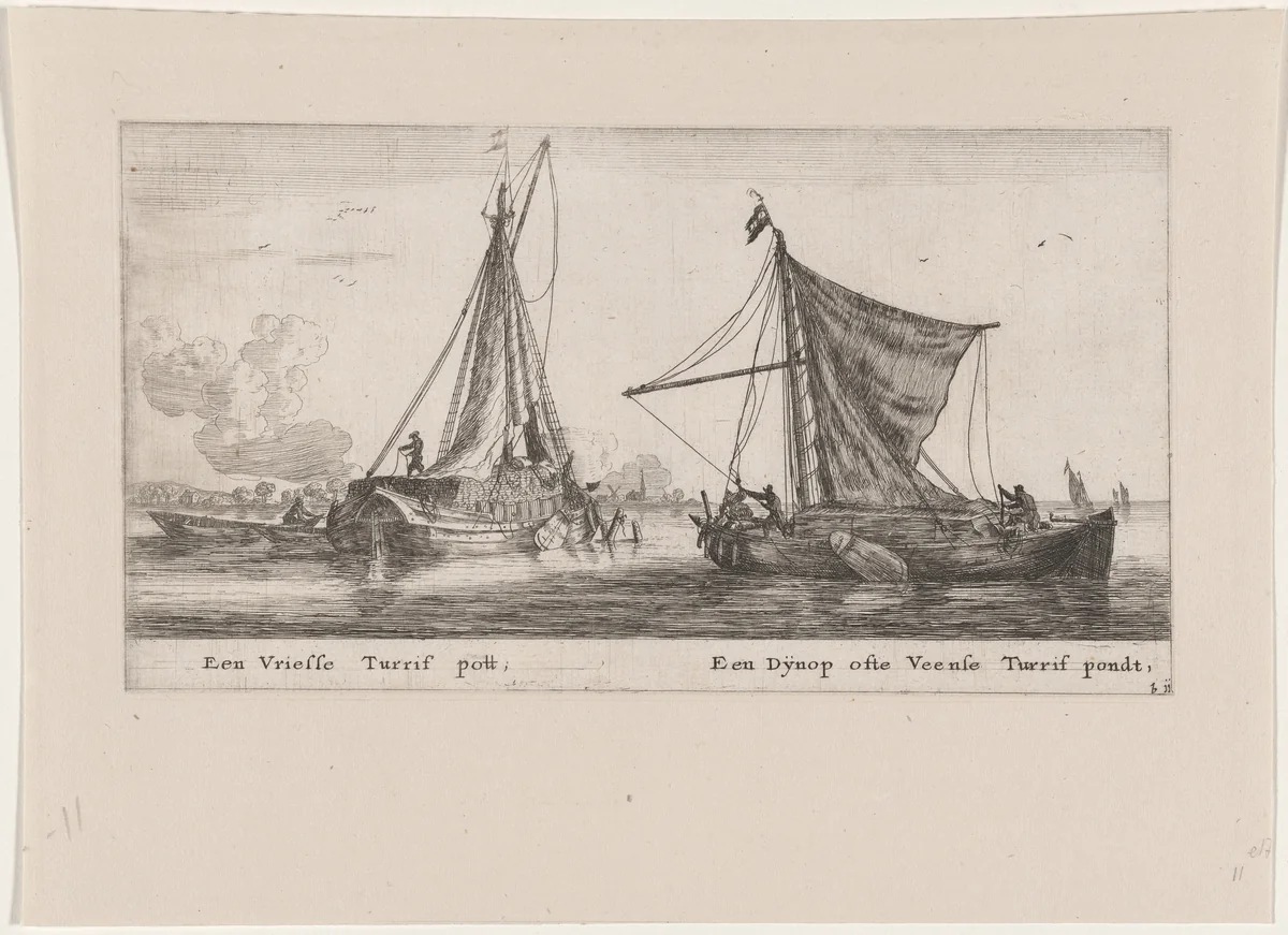A "Friesland" Peatpot, and a "Dijnopschuit" or "Veense" Peatpot by Reinier Nooms, print, 1647-1657