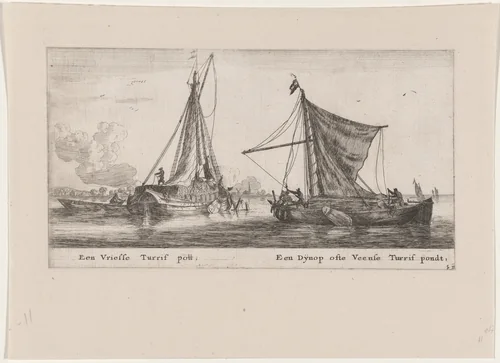 A "Friesland" Peatpot, and a "Dijnopschuit" or "Veense" Peatpot by Reinier Nooms, print, 1647-1657