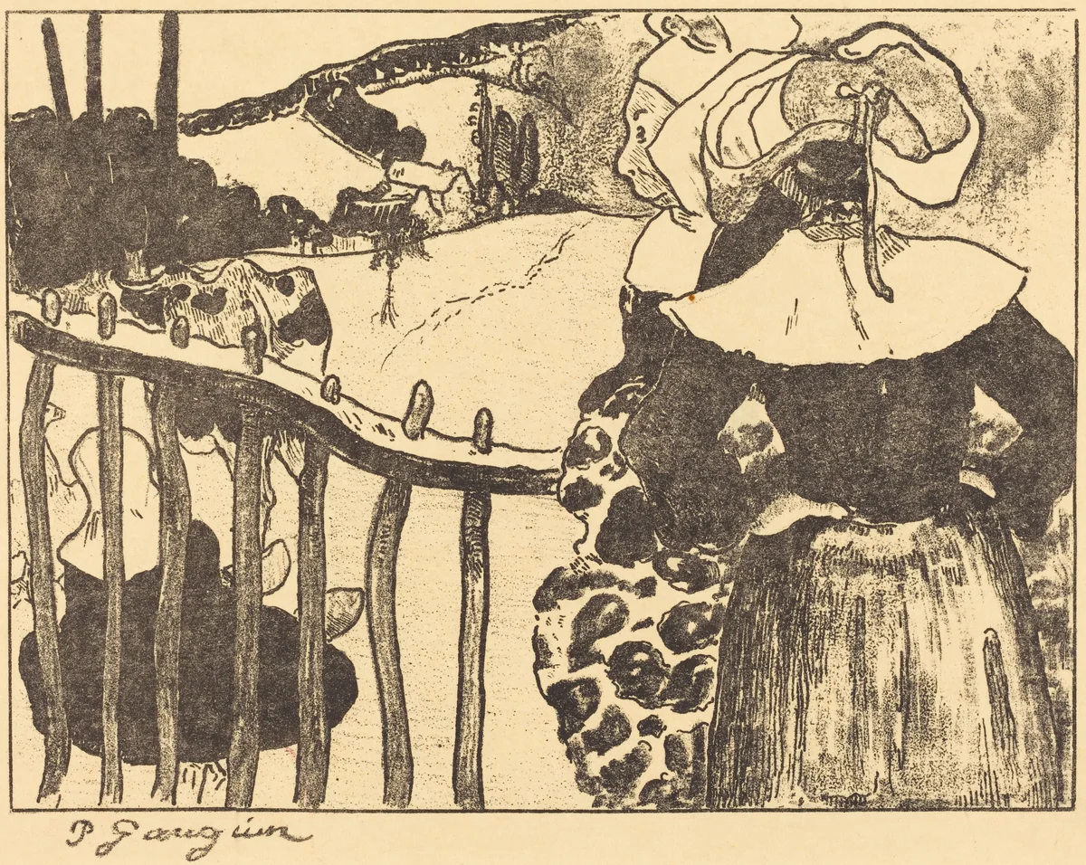 Breton Women beside a Fence (Bretonnes à la barrière) by Paul Gauguin, print, 1889