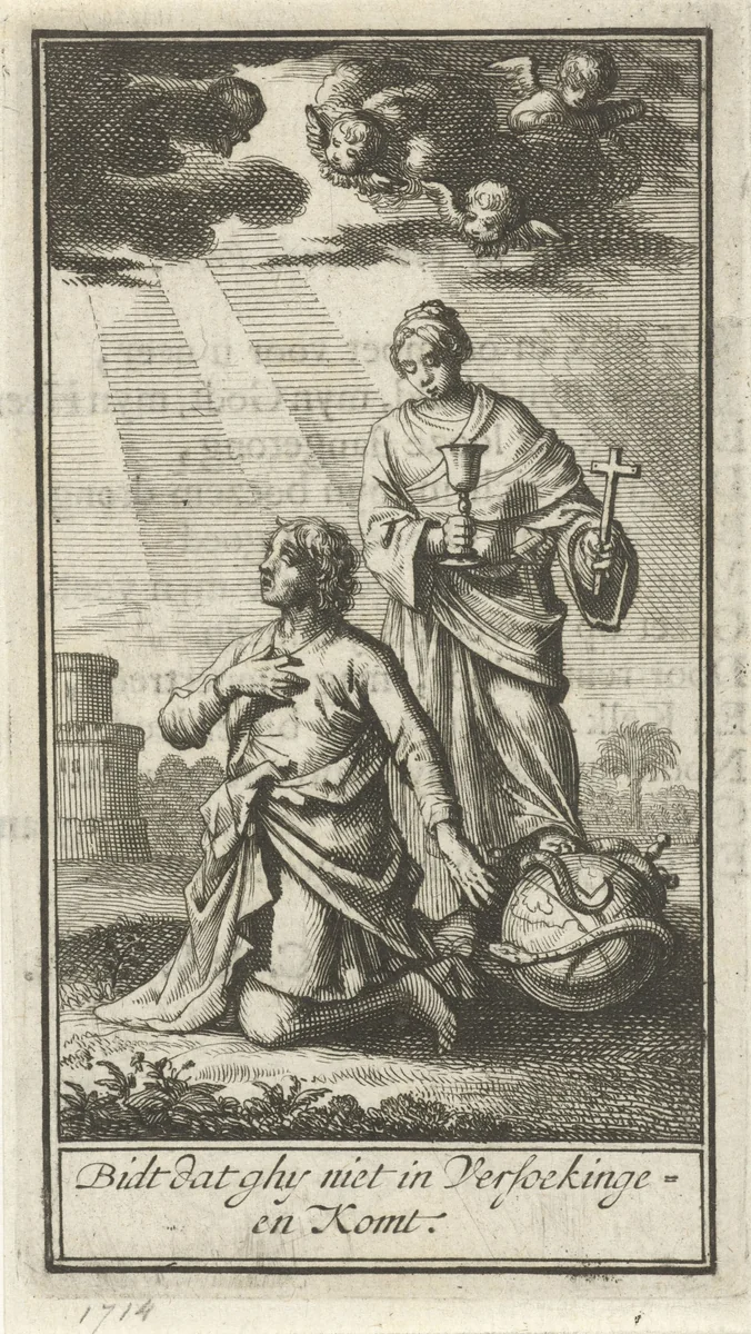 Biddende man bijgestaan door het Geloof by Jan Luyken, print, 1714
