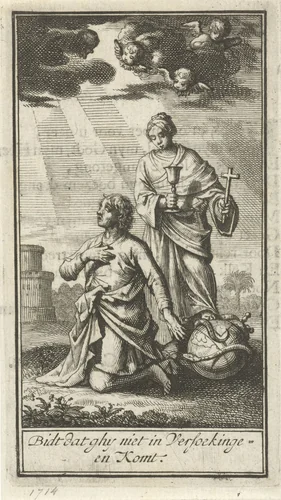Biddende man bijgestaan door het Geloof by Jan Luyken, print, 1714