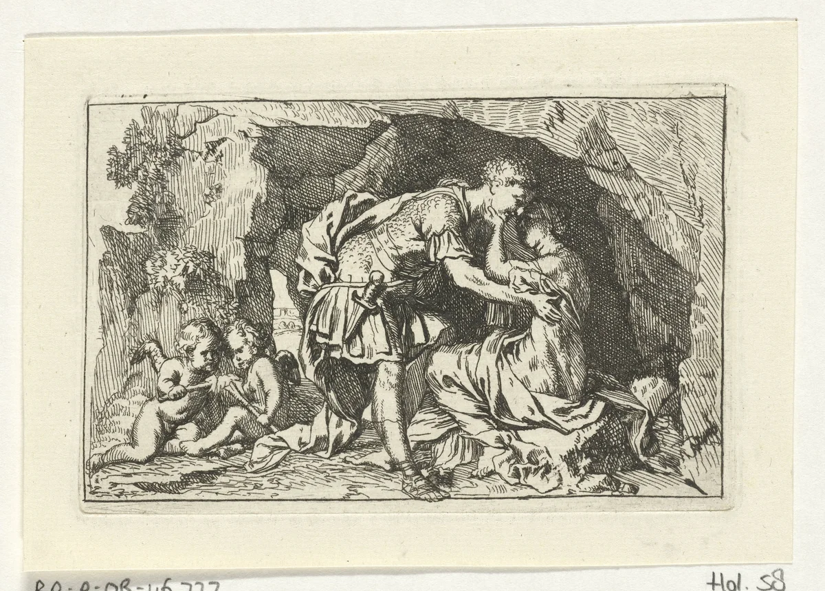 Dido en Aeneas schuilen voor de storm by Gerard de Lairesse, print, 1668