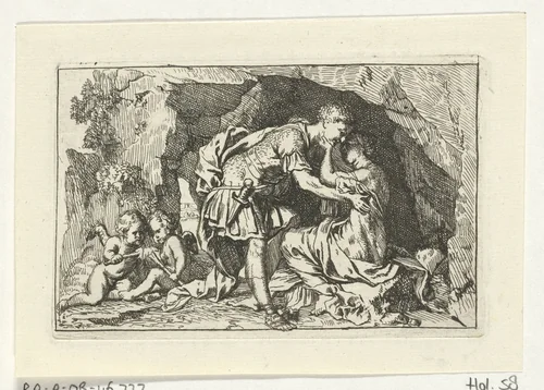 Dido en Aeneas schuilen voor de storm by Gerard de Lairesse, print, 1668