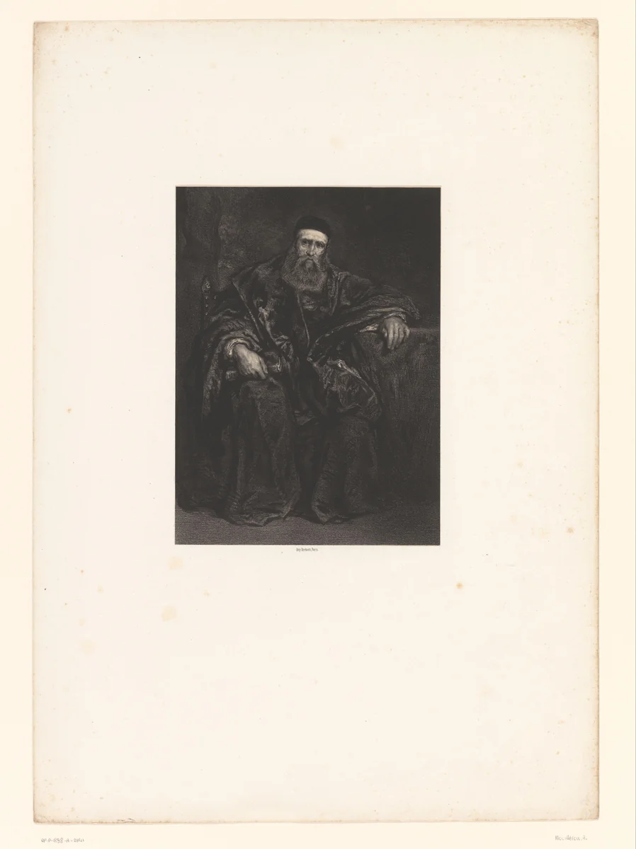 Zittende man met baard en ruime, donkere mantel houdt een gesloten boek vast by Adolphe Mouilleron, print, 1830-1880