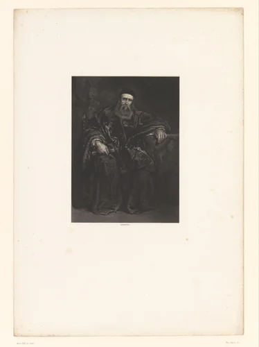 Zittende man met baard en ruime, donkere mantel houdt een gesloten boek vast by Adolphe Mouilleron, print, 1830-1880