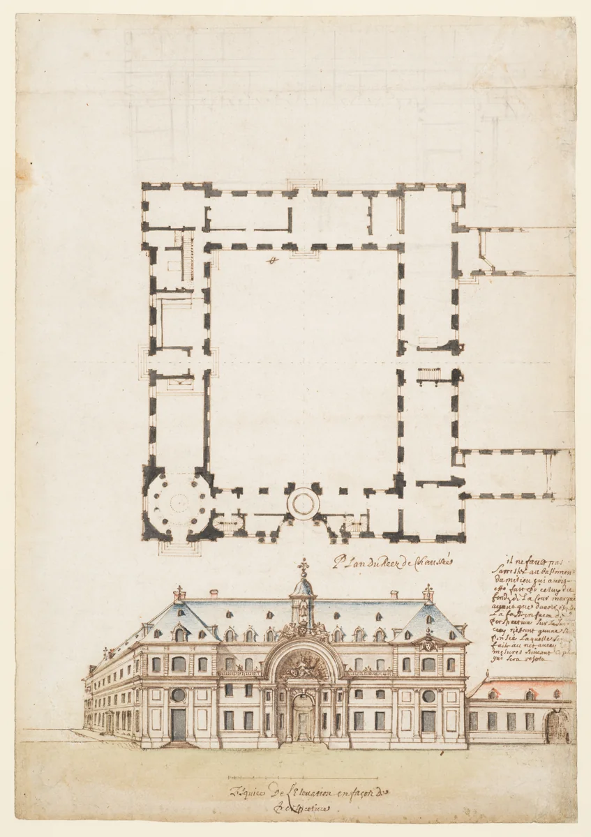 Perspectival View and Floorplan of a Public (?) Building by anonymous, drawing, 1645-1655