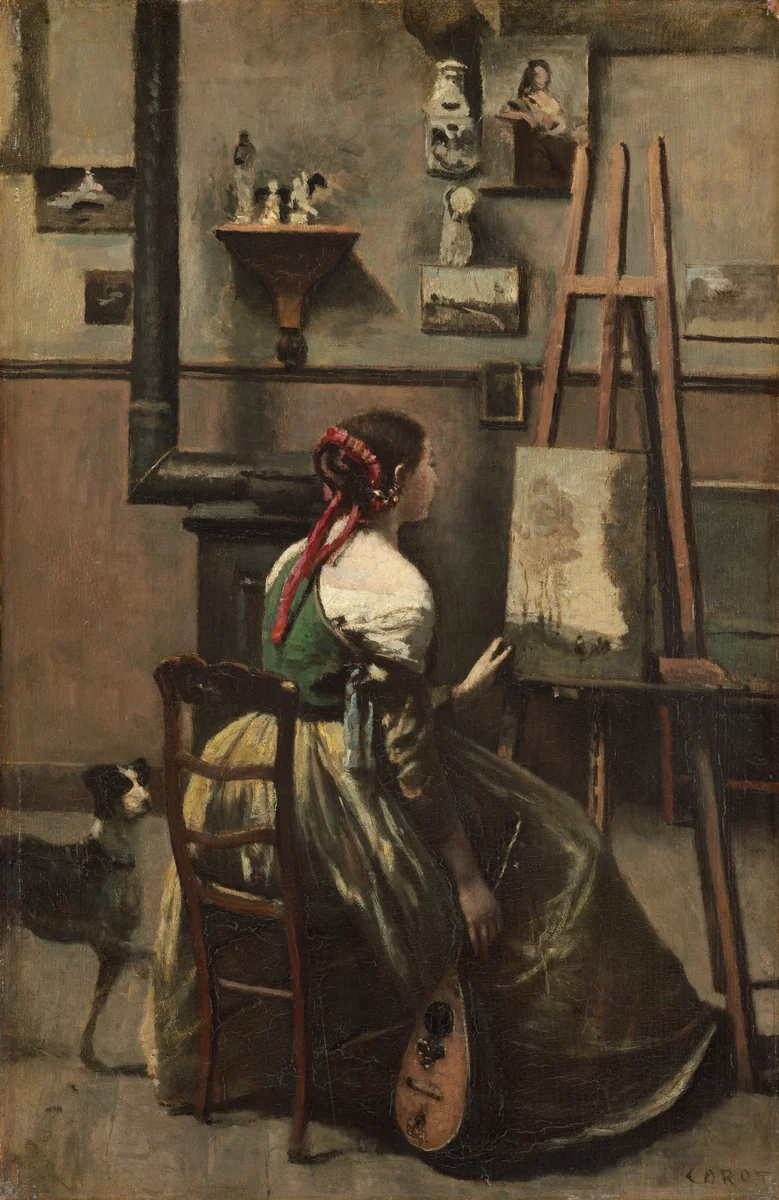 Corot's Studio: Woman Seated Before an Easel, a Mandolin in her Hand by Jean-Baptiste-Camille Corot, painting, 1868
