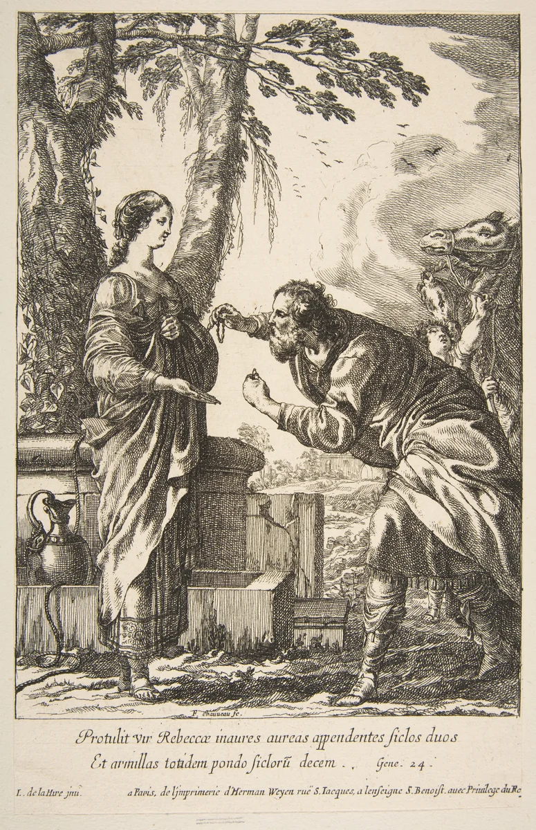 Rebecca and Eliezer by François Chauveau, print, 1620-1676