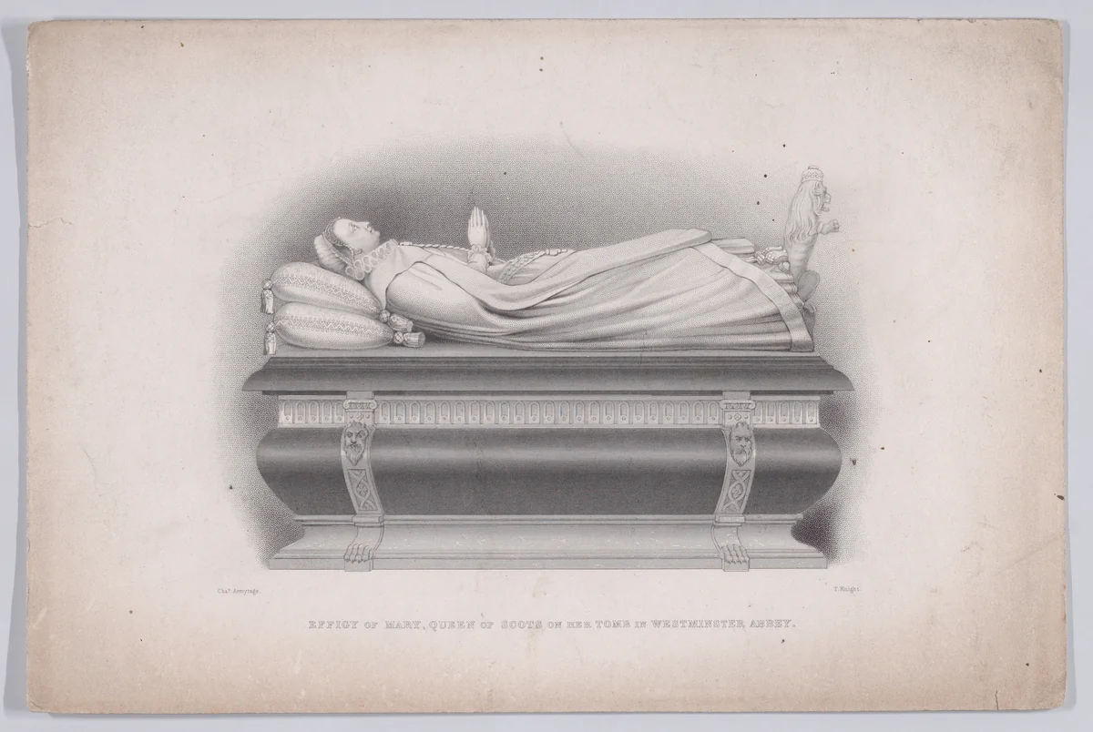 Effigy of Mary, Queen of Scots on her tomb in Westminster Abbey (from The Pictorial History of Scotland, volume 1) by T. W. Knight, print, 1859