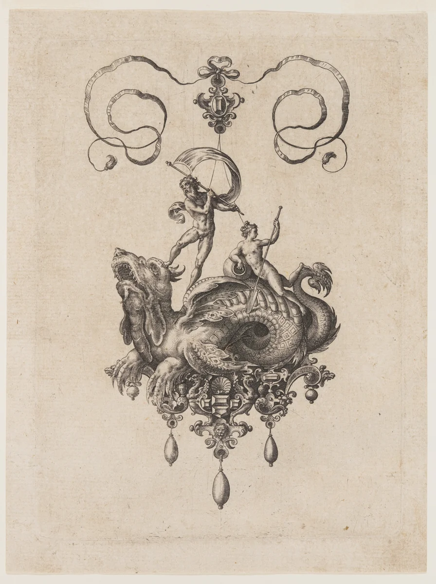 Designs for Pendants with Sea Monsters by Adriaen Collaert, print, 1582