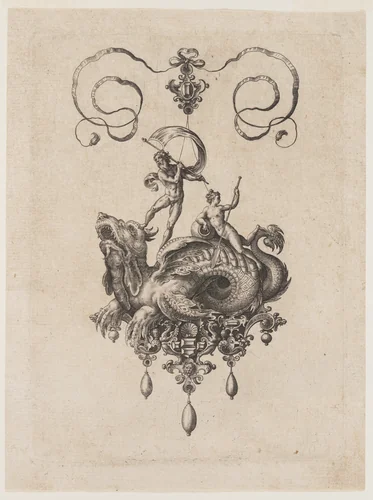 Designs for Pendants with Sea Monsters by Adriaen Collaert, print, 1582