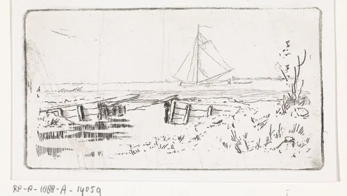 Zeilschip op een rivier by Elias Stark, print, 1859-1888