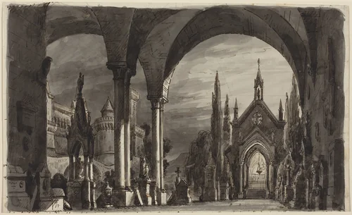 Graveyard of the Ravenswoods, from "Lucia di Lammermoor" by Romolo Liverani, drawing, 1868