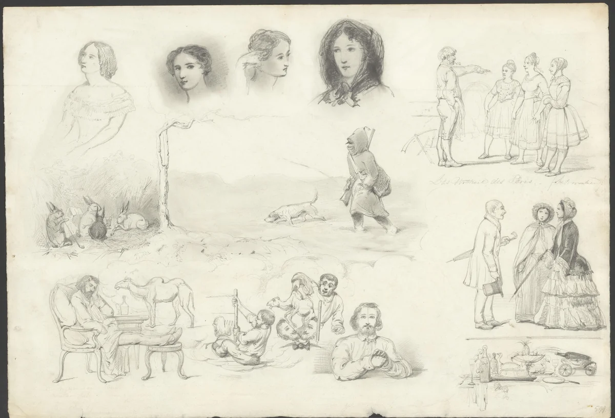 Schetsblad met mensen en dieren by Karel Frederik Bombled, drawing, 1864-1902