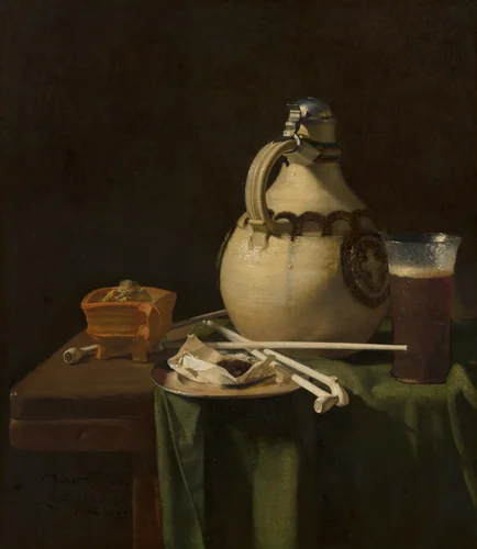 Still Life with Earthenware Jug and Clay Pipes by Pieter van Anraadt, painting, 1658