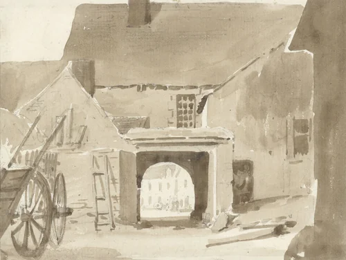 Inrit van een groot dorpshuis, van de binnenhof uit gezien by Pierre Luc Charles Cicéri, drawing, 1792-1868