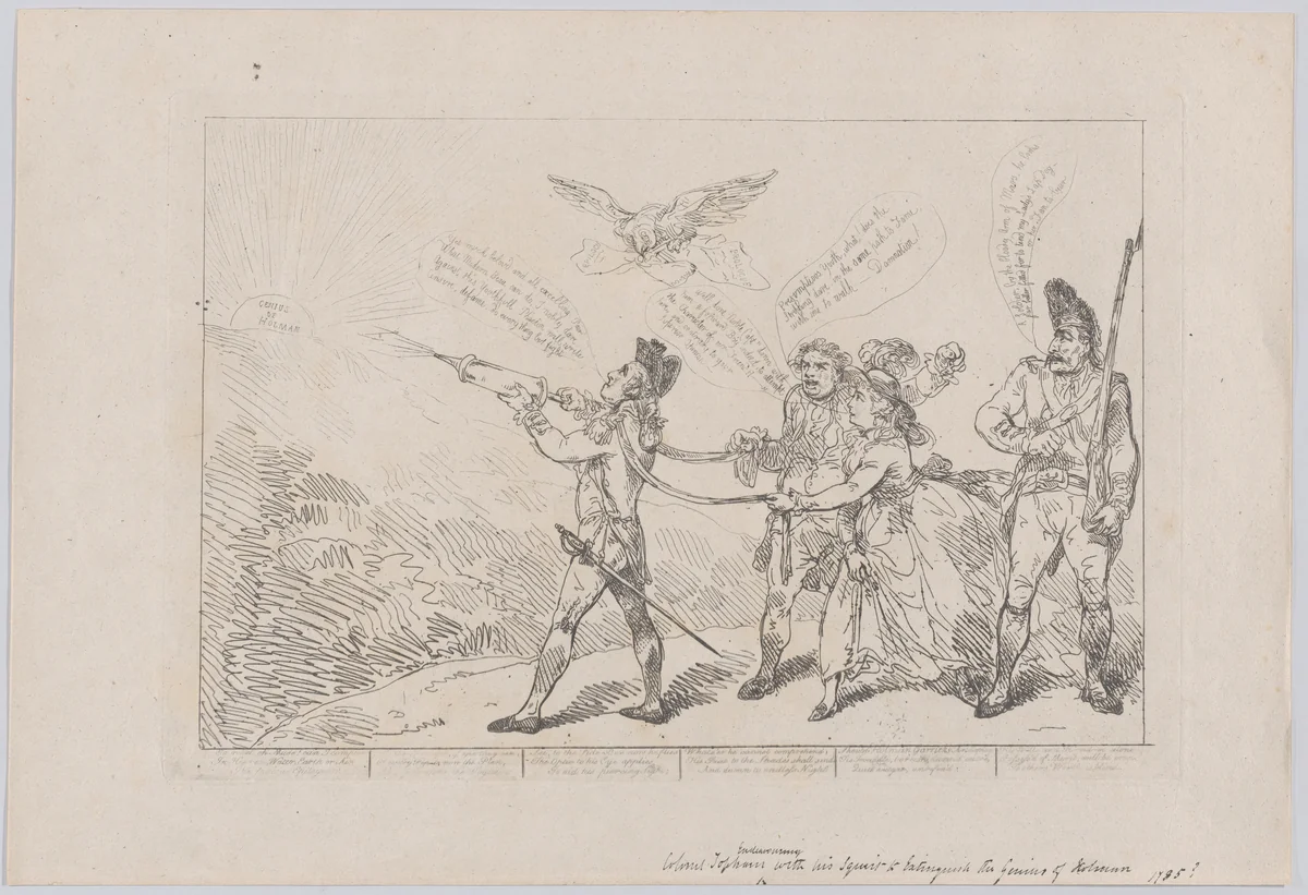 [Col. Topham Endeavouring, With His Squirt, to Extinguish the Genius of Holman] by Thomas Rowlandson, print, 1784