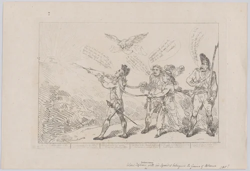 [Col. Topham Endeavouring, With His Squirt, to Extinguish the Genius of Holman] by Thomas Rowlandson, print, 1784