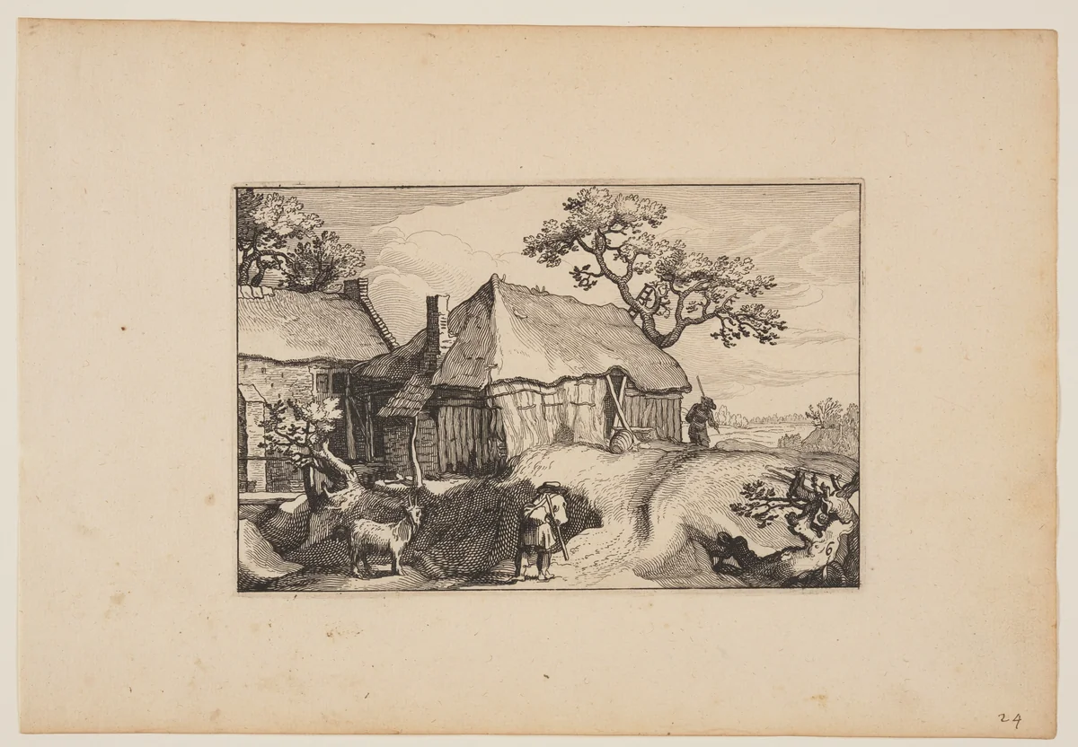 Path Along a Barn, from Landscapes (Verscheyden aerdige Lanthuysen...) by Claes Jansz Visscher, print, 1620