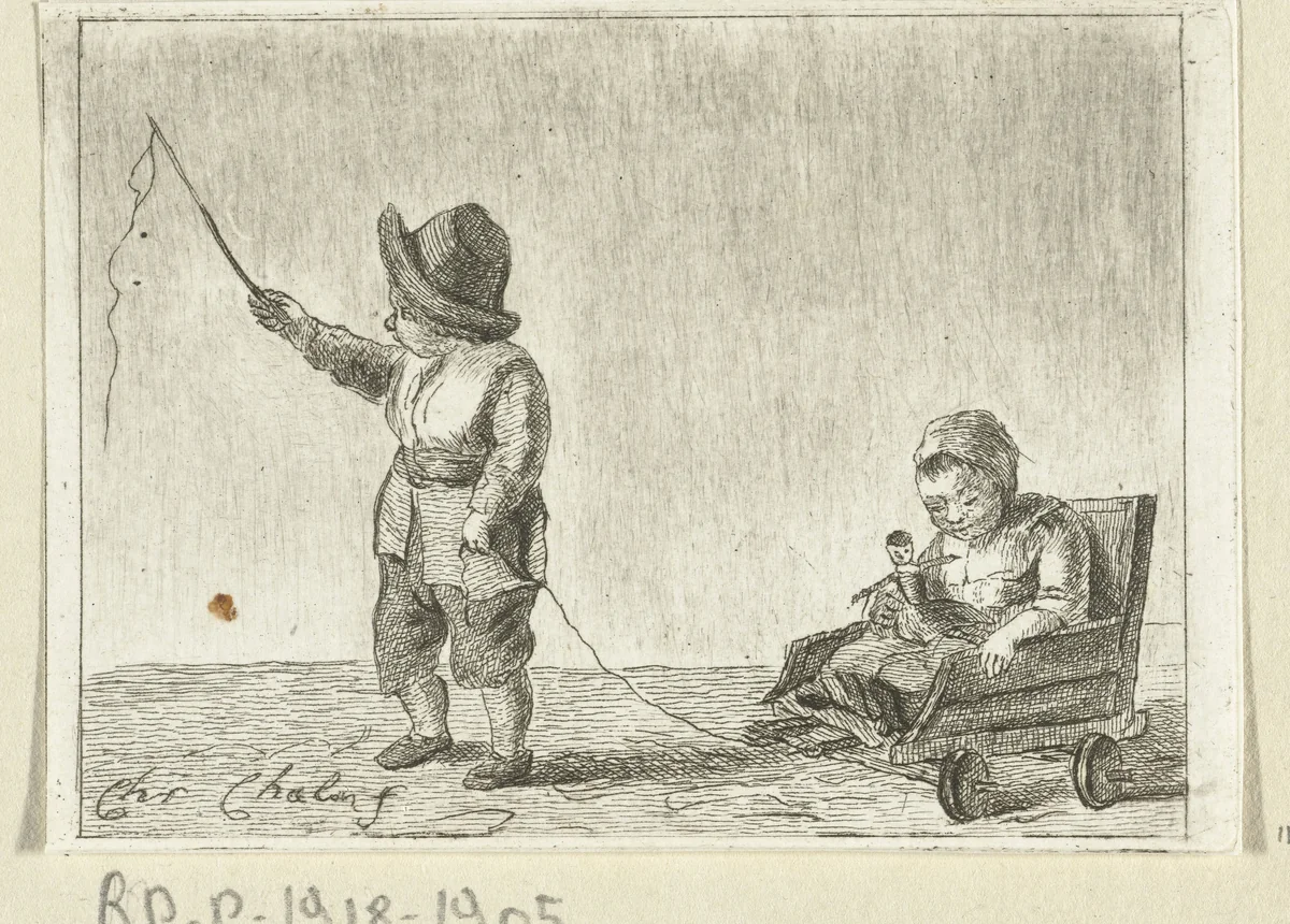 Kinderen spelend met een rolkar by Pieter de Mare, print, 1779