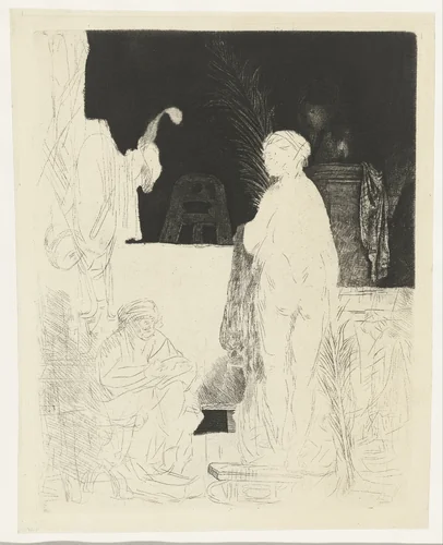The artist drawing from the model by Rembrandt van Rijn, print, 1850-1906