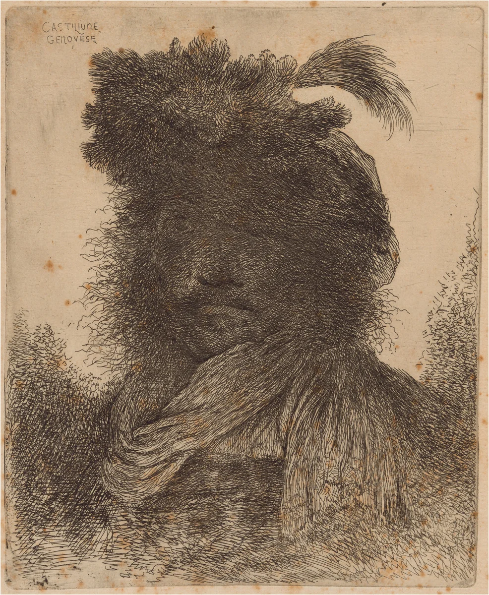 Bearded Man with Shadowed Face, Wearing a Scarf and a Plumed Hat by Giovanni Benedetto Castiglione, print, 1645-1650