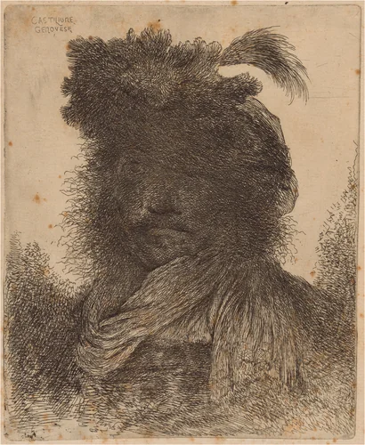 Bearded Man with Shadowed Face, Wearing a Scarf and a Plumed Hat by Giovanni Benedetto Castiglione, print, 1645-1650