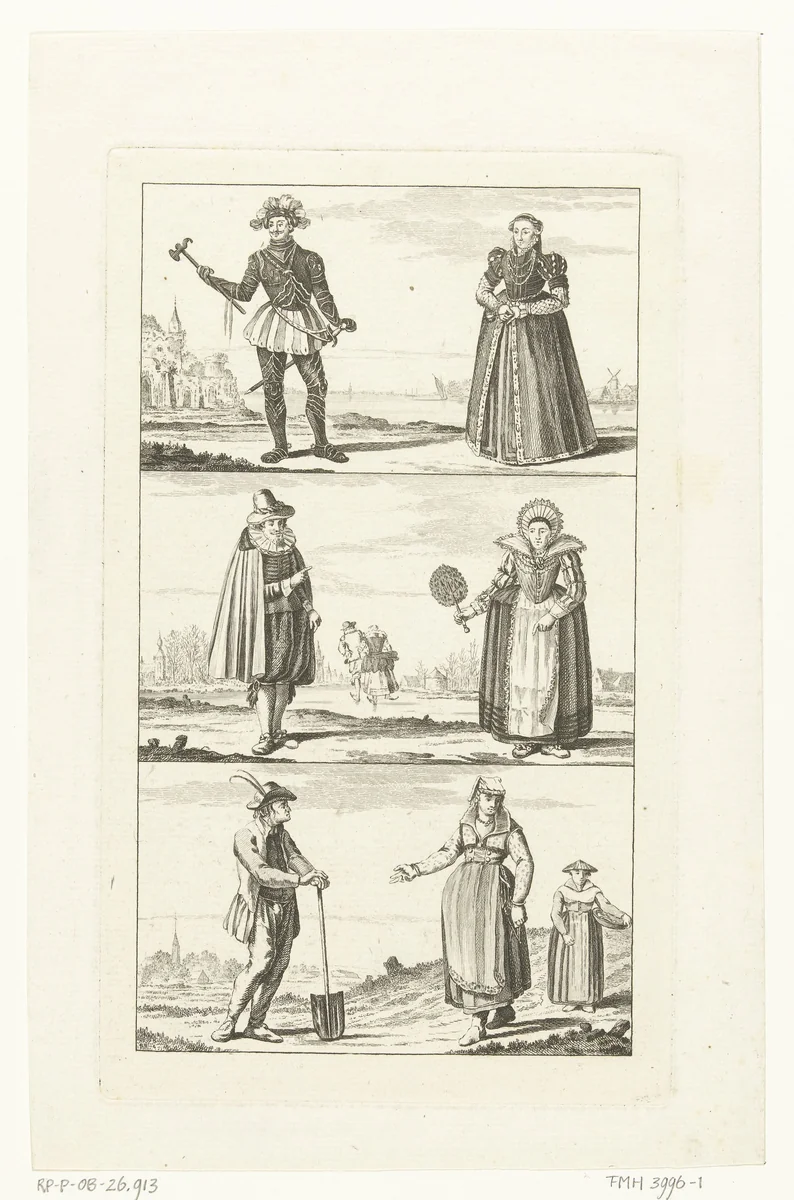 Drie landschappen met mannen en vrouwen in Hollandse klederdrachten, ca. 1775 by Cornelis Brouwer, print, 1776