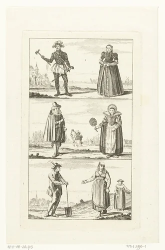 Drie landschappen met mannen en vrouwen in Hollandse klederdrachten, ca. 1775 by Cornelis Brouwer, print, 1776