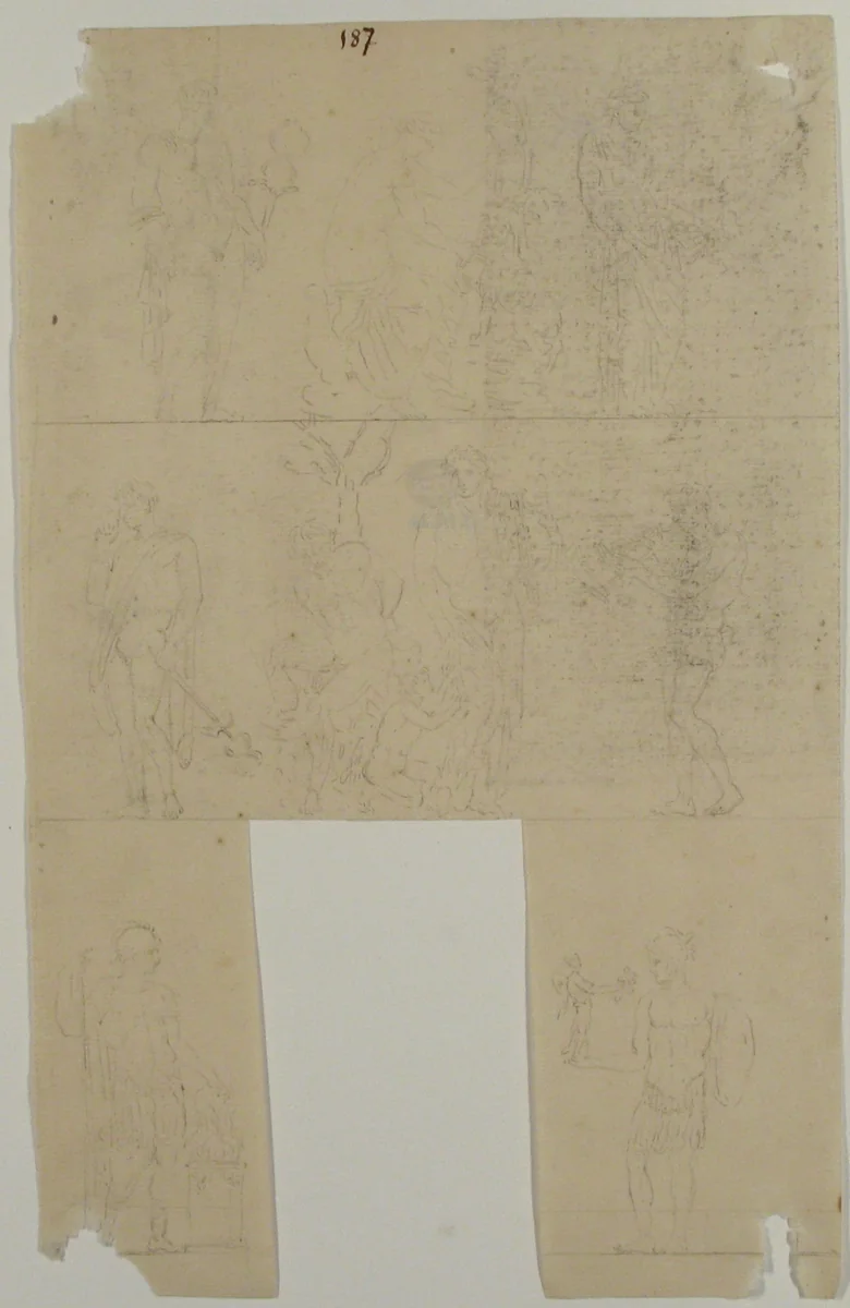 Bacchic Scene; Two Roman Soldiers by anonymous, drawing, 1700-1799