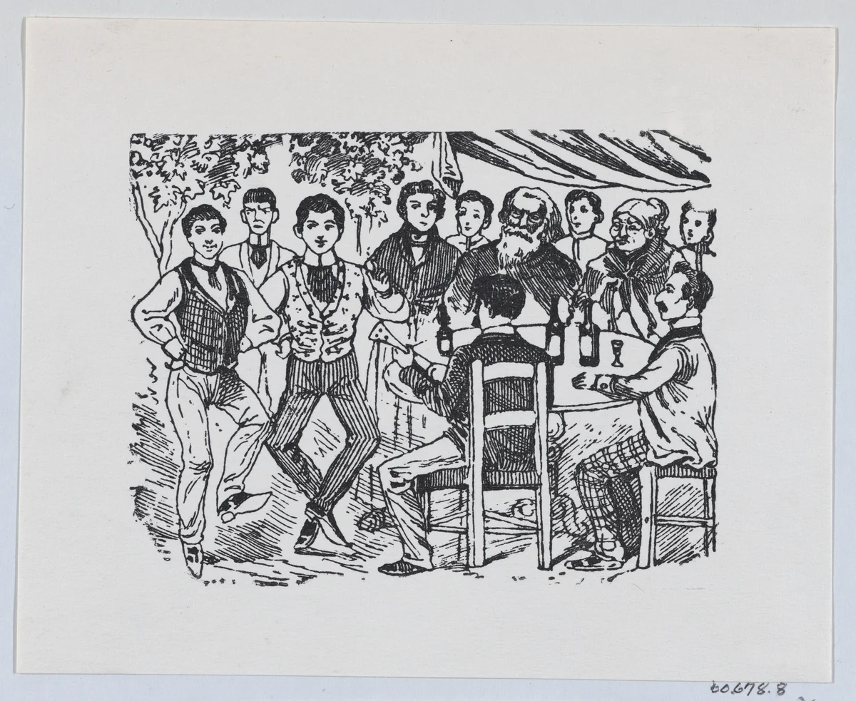 A pair of young men dancing for a crowd of older people by José Guadalupe Posada, print, 1875-1885