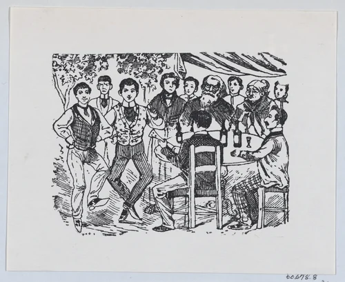 A pair of young men dancing for a crowd of older people by José Guadalupe Posada, print, 1875-1885