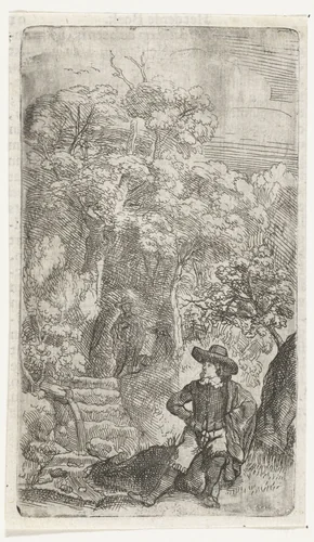 Drie mannen in een tuin by Samuel van Hoogstraten, print, 1648-1650