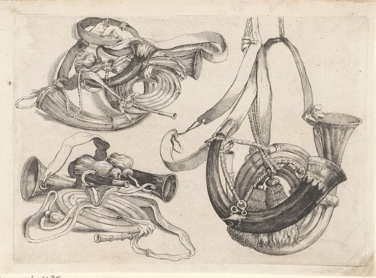 Zeven jachthoornen by Wenceslaus Hollar, print, 1646-1647
