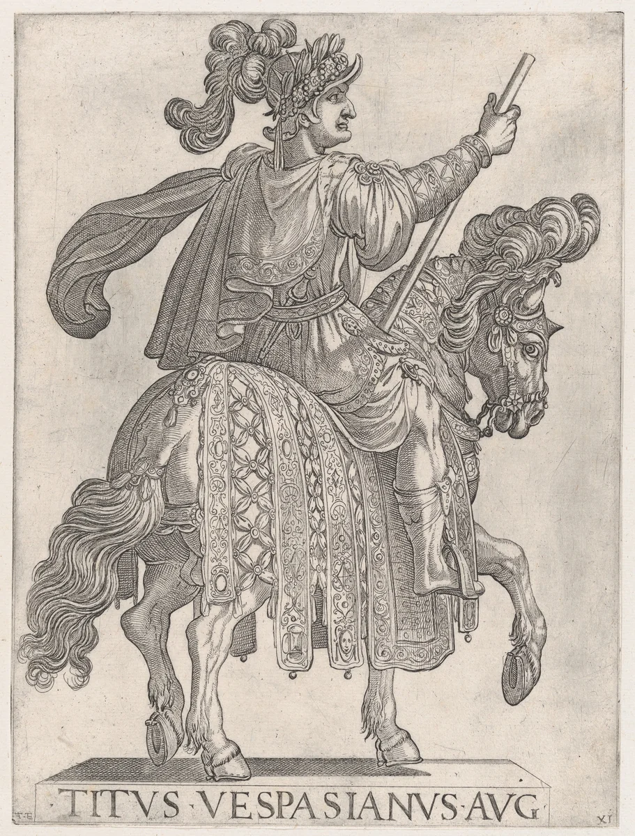 Plate 11: Titus Vespasian on horseback facing right from the 'First Twelve Emperors of Ancient Rome' by Antonio Tempesta, print, 1575-1630
