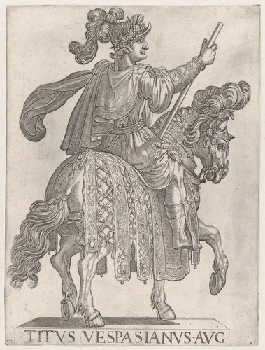 Plate 11: Titus Vespasian on horseback facing right from the 'First Twelve Emperors of Ancient Rome' by Antonio Tempesta, print, 1575-1630